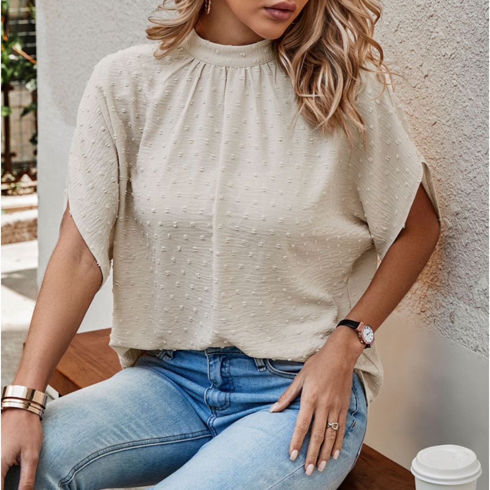 Boho Swiss Dot Batwing Sleeve Mock Neck Tie Back Top Blouse Shirt - Picture 5 of 10